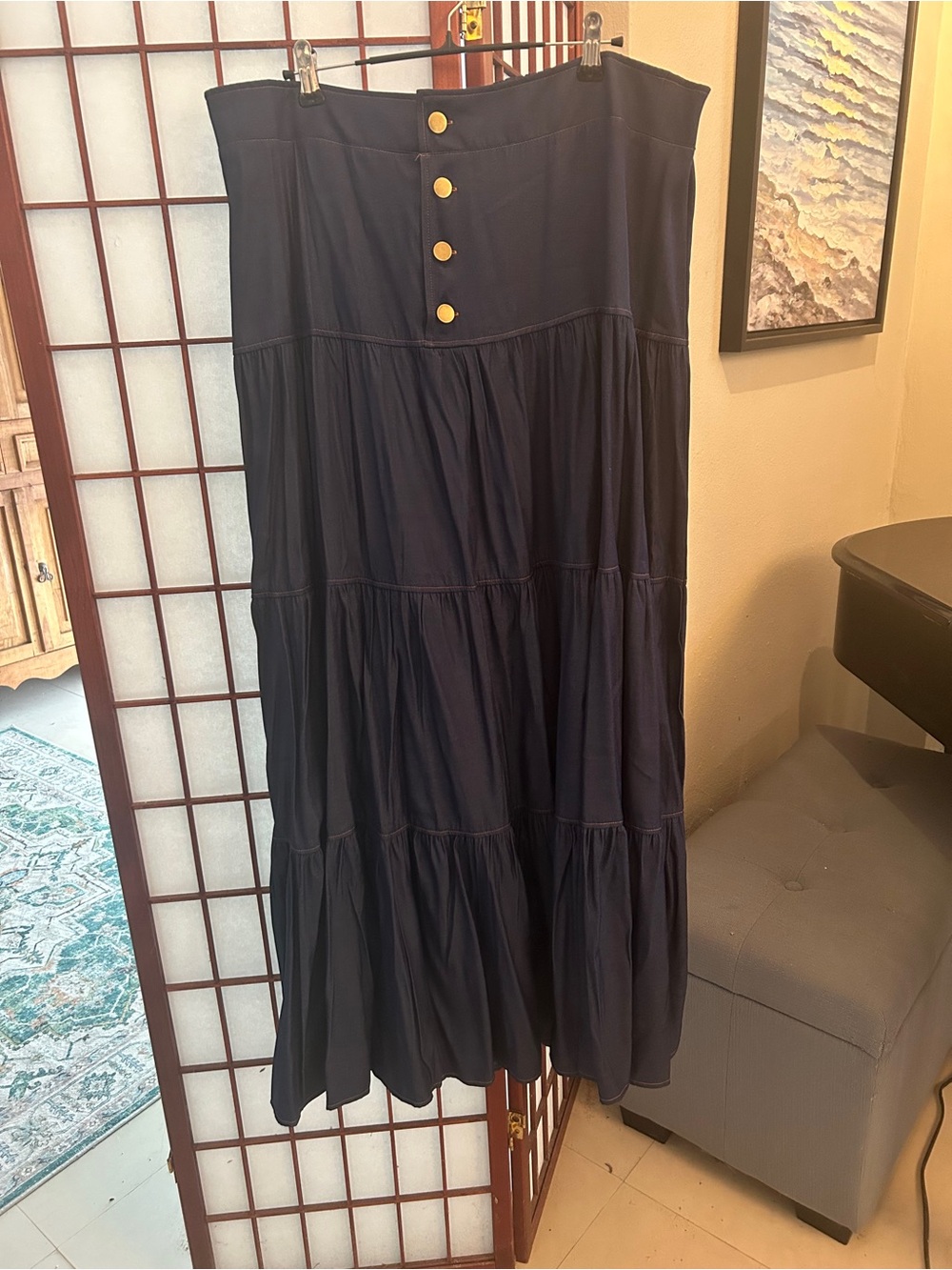 Tiered Navy Maxi Skirt with Gold Button Detail
